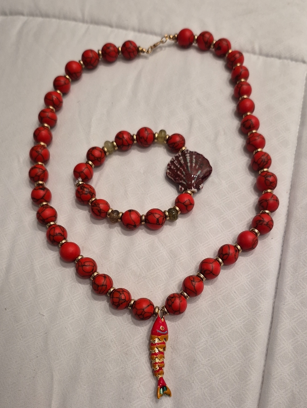 Red Beaded Necklace and Bracelet Set with Fish Pendant by